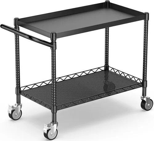 Vista 9 de Leteuke Carrito de herramientas de 2 niveles con ruedas, carrito utilitario rodante resistente con asa, carrito de almacenamiento de servicio