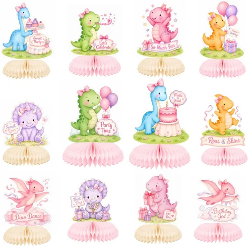 Vista 10 de ALISSAR 12 Pcs Dinosaur Honeycomb Centerpieces, Boy Dino Birthday Decor Blue