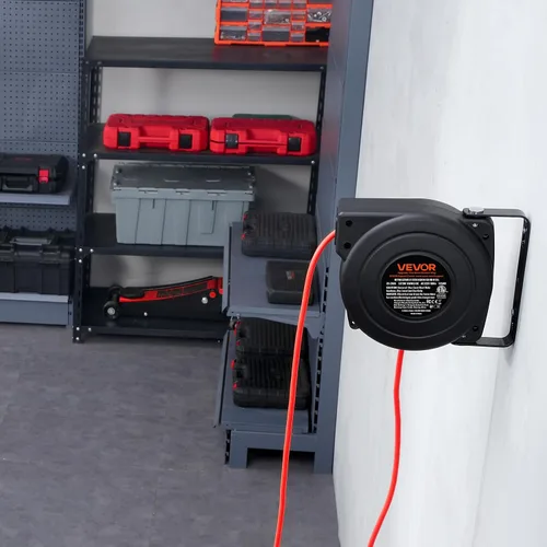 Vista 7 de VEVOR Carrete de cable de extensión retráctil, 30 pies, carrete de cable de alimentación retráctil resistente 16AWG/3C SJTOW con toma triple Rojo