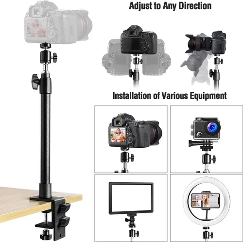 Vista 5 de Soporte de mesa de escritorio para cámara de 14 a 25.5 pulgadas con cabezal de bola giratorio de 360°, soporte de luz de escritorio ajustable
