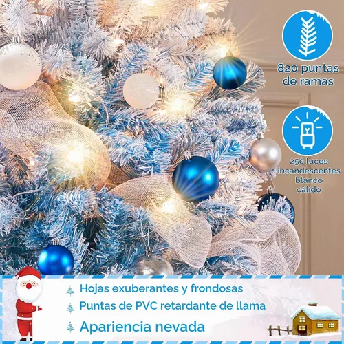 Vista 6 de Yaheetech - Árbol artificial de Navidad de 6 pies preiluminado con 250 luces incandescentes de color blanco cálido, con flecos nevados y soporte