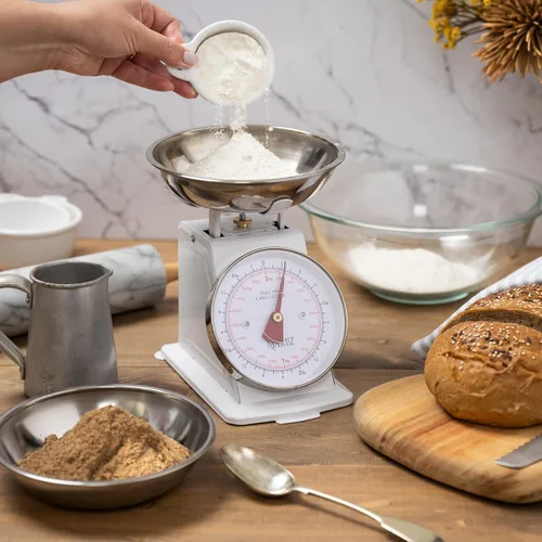 Vista 6 de MARLIZ Báscula de cocina retro pequeña 4.4Lb/4.4 lbs con 2 cuencos blanco Esfera mecánica Vintage Pesa para alimentos bascula