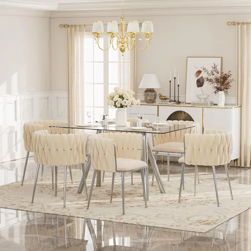 Vista 31 de Glam Style - Juego de mesa de comedor de 5 piezas para 4, mesa de comedor rectangular de vidrio templado de 51 pulgadas con base de metal dorado