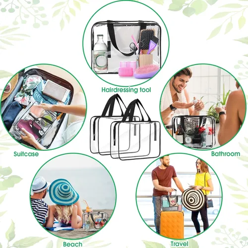 Vista 4 de Reginary Paquete de 10 bolsas grandes transparentes de maquillaje cosmético con cremallera y asa, bolsa de viaje de plástico de PVC, organizador
