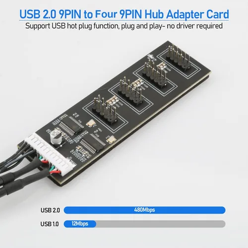 Vista 4 de Divisor de cabecera USB de 9 pines con cable de alimentación SATA, cable divisor USB 2.0 de 9 pines, USB macho 1 a 4 hembra, conector de extensión