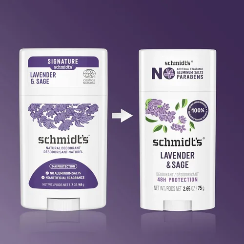 Vista 3 de Schmidt's Desodorante vegano sin aluminio lavanda y salvia con protección contra olores las 24 horas, para mujeres y hombres, ingredientes