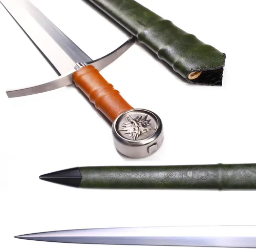 Vista 9 de Espada medieval occidental del Rey Arturo de 49"/41.5" con funda de cuero afilada, espada de doble mano larga de acero de carbono real, espada