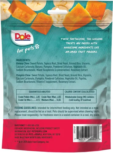 Vista 5 de Dole para Mascotas Masticables para Perros Recién Traídos, Golosinas para Perros Surtidas Sabor Plátano y Calabaza, 7oz Con Sabor de Verduras