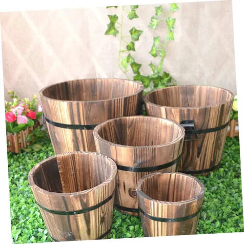 Vista 4 de Maceta de madera para suculentas, 3 piezas, macetero grande para suculentas, para exteriores, macetas redondas rústicas, macetas de madera rústicas