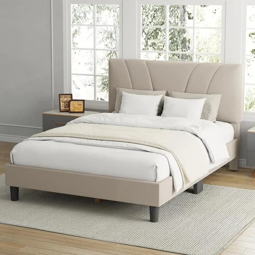 Vista 3 de Avenco - Base de cama tamaño matrimonial con plataforma tapizada y cabecera ajustable, soporte de listones de madera, fácil montaje, no necesita