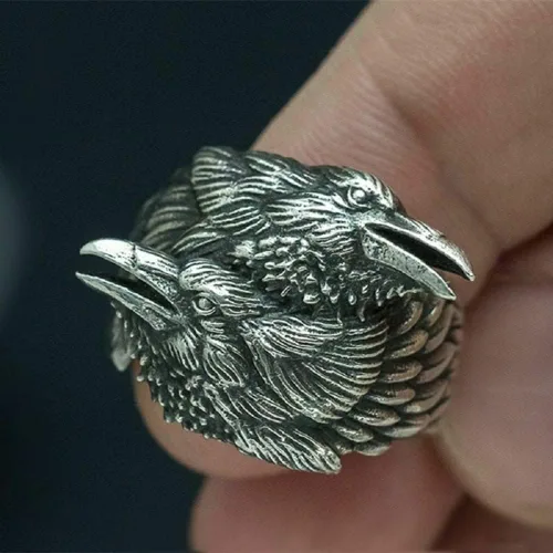 Vista 2 de BAVAHA new store - Anillo de acero inoxidable 316L para hombre, dos cuervos entrelazados, mitología nórdica, color plateado, anillos de acero