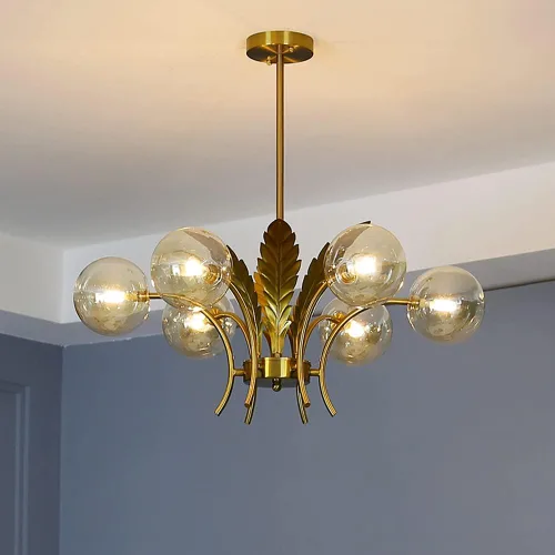 Vista 7 de Lámpara de araña Sputnik moderna con 6 luces, esfera con globos de cristal, lámpara colgante con decoración de hojas, acabado blanco