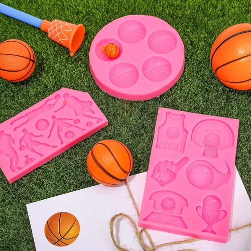 Vista 5 de Whaline 3 paquetes de moldes de fondant de baloncesto con temática deportiva, moldes de silicona, moldes de caramelo de chocolate para cocina