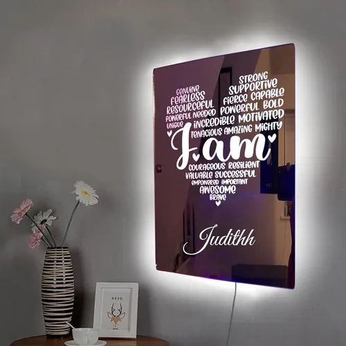 Vista 4 de Espejo de afirmaciones positivas fuertes con nombre personalizado "I AM Strong Positive Affirmations Mirror con luces LED, espejo de pared