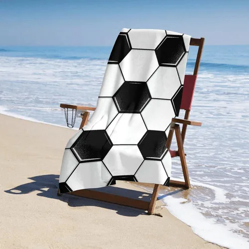 Vista 2 de Toallas de baño de microfibra acogedoras a prueba de arena, sábana de playa compatible con pelota de fútbol, color blanco y negro, toallas de ducha
