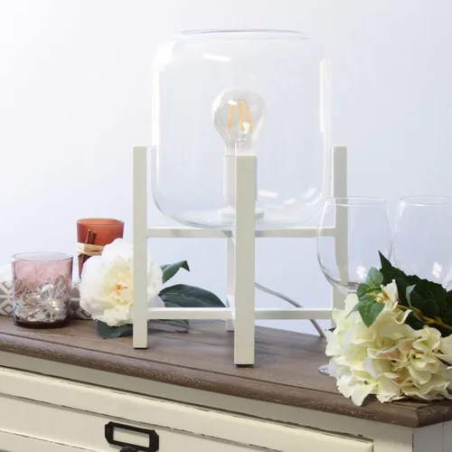 Vista 3 de Simple Designs LT1068-WHT Lámpara de mesa cilíndrica de vidrio montada en madera, blanco/transparente, 9 x 9 x 13.38 pulgadas