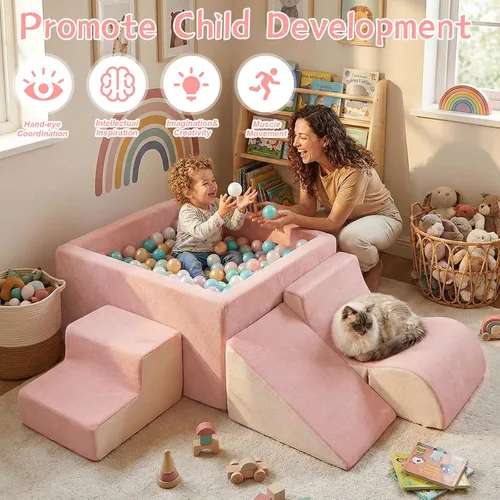 Vista 4 de STAOLENE Bloques de escalada de espuma suave con pozo de bolas, 6 juguetes de escalada de interior beige y rosa para niños pequeños, juego