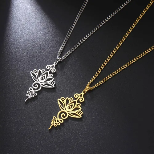 Vista 7 de kkjoy Collar de loto Unalome de acero inoxidable, flor de loto, símbolo de yoga, aretes inspiradores de budismo, joyería para mujer