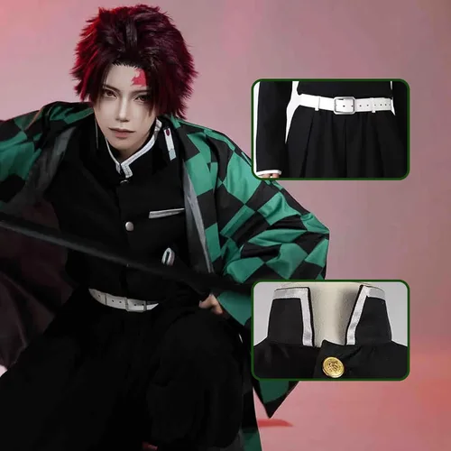 Vista 4 de Kahopy Conjunto de disfraz de cosplay de anime con peluca y aretes, uniforme para Halloween (verde, pequeño)