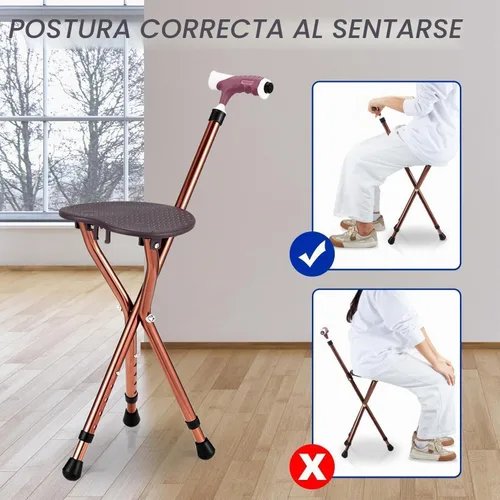 Vista 3 de Combo de asiento de caña plegable, capacidad de 400 libras, práctico taburete plegable con muleta, asiento de 3 patas, altura ajustable, resistente
