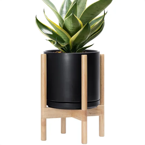 Vista 99 de D'vine Dev Maceta de cerámica con soporte de ébano – Maceta redonda moderna de 8 pulgadas con soporte para maceta de madera, color negro, 55-B-M-2
