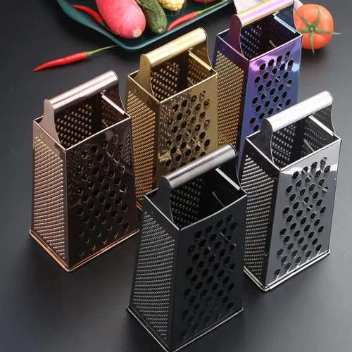 Vista 3 de Rallador de caja para cocina, rallador de queso de 4 caras, acero inoxidable dorado para queso, papa, pelador de zanahorias y rebanador, accesorios