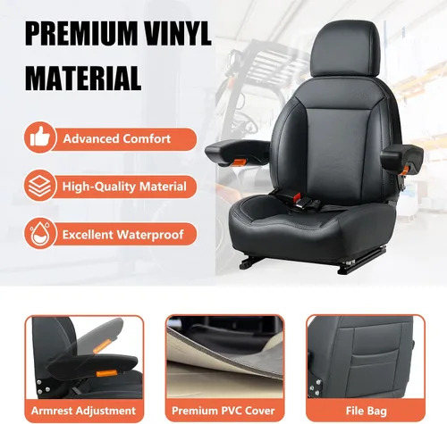 Vista 3 de Asiento Universal de Tractor, Asiento de Carretilla Elevadora con Cinturón de Seguridad y Respaldo Ajustable, Reposacabezas, Reposabrazos