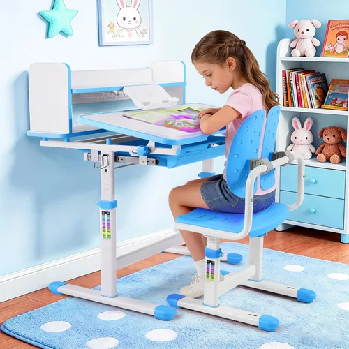 Vista 8 de Artist hand Kids Desk and Chair Set, Height Adjustable Desk with 0-40° Tilting Desktop, 2-Tier Bookshelf, Tablet Stand, Drawer, Hook and Ergonomic