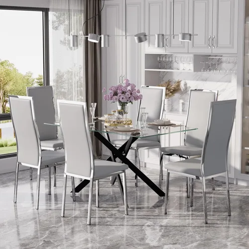 Vista 36 de Juego de mesa de comedor de cristal dorado moderno de 63 pulgadas para 6, juego de mesa de cocina rectangular de 7 piezas con patas de acero Negro