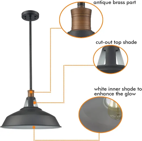 Vista 2 de CLAXY - Lámpara colgante negra para granja, barra colgante de granero Dimmable E26 Indoor Kitchen Hanging Pendant Light Fixture-15.3" Diameter