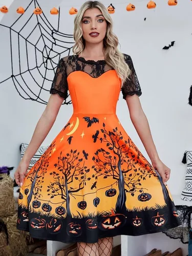 Vista 2 de Vestido de calabaza con mangas de encaje para mujer con cremallera lateral