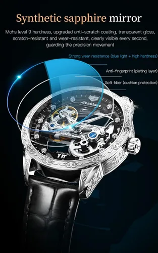Vista 6 de Relojes de cuero de esqueleto para hombre, vestido de lujo automático, mecánico, automático, impermeable, luminoso, relojes de pulsera