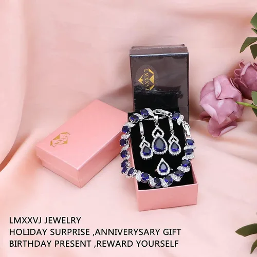 Vista 8 de LMXXVJ Juego de joyas para mujer, collar chapado en platino, anillo abierto, aretes, pulsera, para cumpleaños, aniversario, día de la madre, regalos