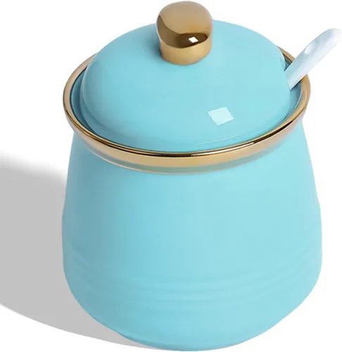 Vista 12 de Azucarero de 12 oz con tapa y cuchara, tarro de azúcar de cerámica simple, contenedor de azúcar, dispensador de azúcar, accesorios de barra de café
