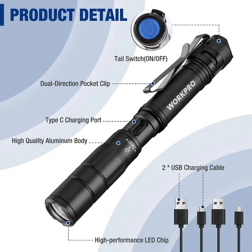 Vista 7 de WORKPRO Luz recargable para bolígrafo, mini linterna, paquete de 2 linternas EDC ultracompactas, linterna de bolsillo con clip, función de memoria