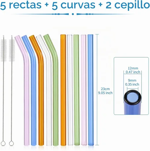 Vista 3 de 10 popotes de vidrio reutilizables para batidos, 0.354 x 0.472 in, para batidos, té, jugo, juego de 5 rectas y 5 dobladas con 2 cepillos