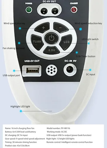 Vista 6 de Ventilador solar de ahorro de energía de 16 pulgadas con ventilador solar de pie recargable de luz, ventilador de pie de 5 cuchillas
