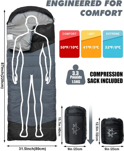 Vista 2 de Lightweight 3-Season Sleeping Bag for Adults/Kids Camping, Compact w/Compression Sack, Waterproof Ripstop, Portable for Backpacking Hiking Travel