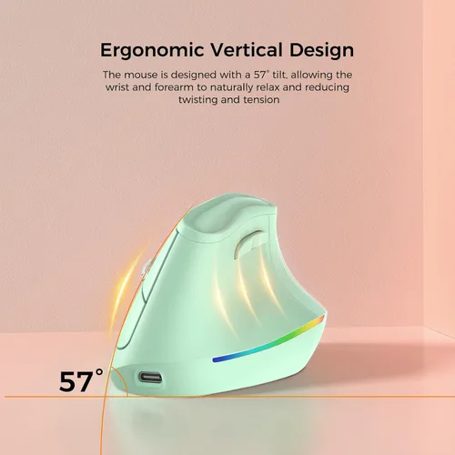 Vista 3 de KYSONA Ratón ergonómico inalámbrico de 57°, ratón vertical, ratón para túnel carpiano, luz RGB, recargable, Bluetooth y 2.4G, ajuste de DPI de 5