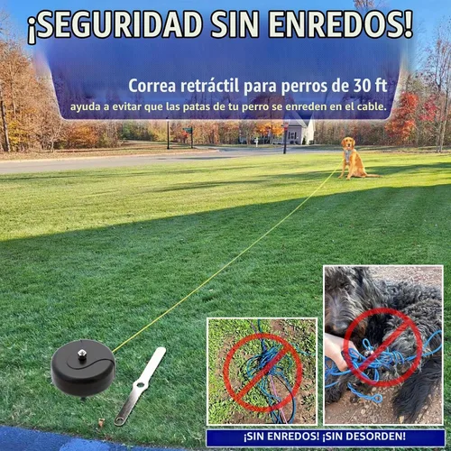 Vista 5 de Cable y estaca de amarre para perros de 30 pies, anclaje de acero en espiral pesado de 360° sin enredos y correa retráctil para perros pequeños a