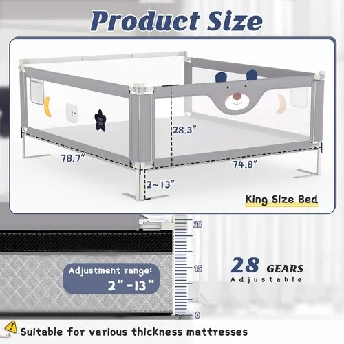 Vista 5 de JWPEHOE Barandilla de cama de 3 piezas para niños pequeños con barra de cabecero, protector de riel ajustable para cama de bebé, cama