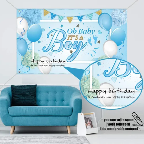 Vista 6 de Decoraciones para fiestas de baby shower Blulu, fondo grande de tela durable para fiestas de baby shower, fondo para cabina de fotos para fiestas
