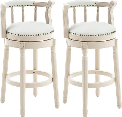 Vista 12 de RAINMOOD Taburetes de bar giratorios de cuero genuino beige mostrador de barra de madera con reposapiés para cocina, comedor, sala de estar