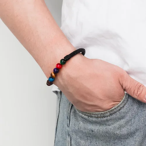 Vista 7 de Pulsera de cuentas de cuero genuino con cierre magnético de 8.5 pulgadas