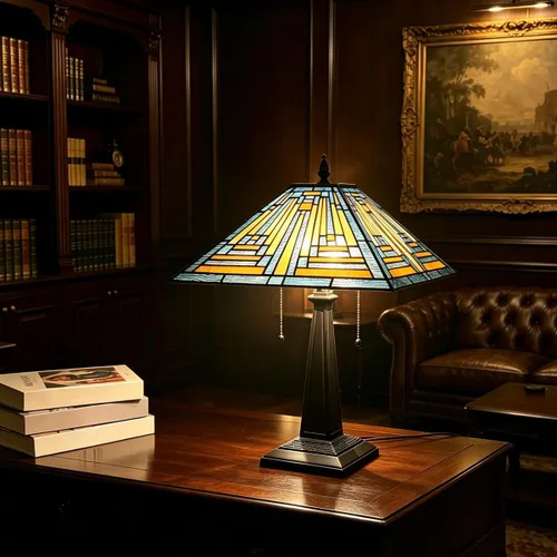 Vista 4 de Tiffany - Lámparas de mesa de 16 pulgadas de ancho hechas a mano con vitrales para lectura, 2 luces, estilo misión azul, luz de mesa antigua