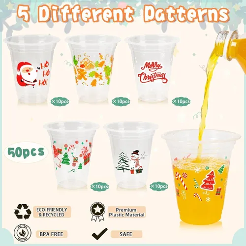 Vista 5 de GuassLee Vasos desechables de Navidad, paquete de 50 vasos de plástico desechables transparentes de 12 onzas con 5 estilos de patrones para niños