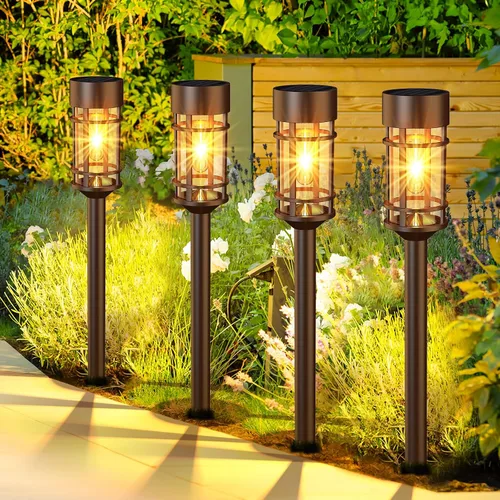 Vista 7 de ILANCK Luces solares para caminos, luces solares para exteriores, paquete de 8 unidades, diseño de metal y vidrio, impermeable, encendido y apagado