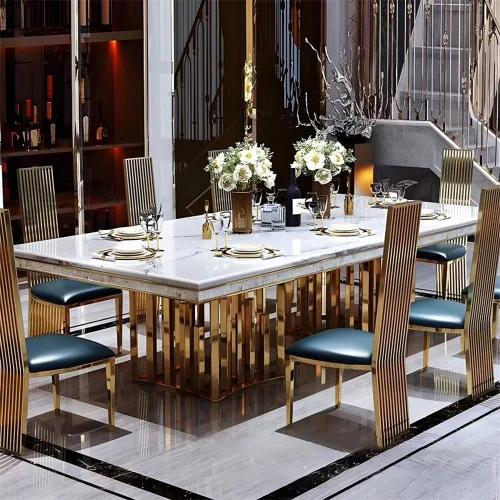 Vista 8 de LAKIQ Mesa de comedor de mármol de estilo lujoso, mesa rectangular moderna para cocina, comedor, mesa de metal dorado, solo sin sillas