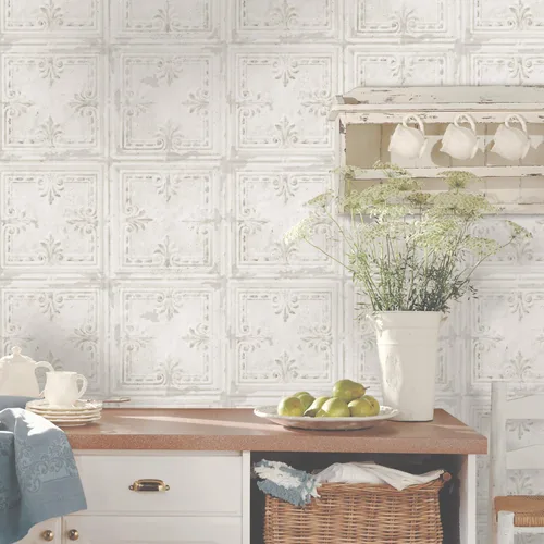 Vista 6 de RoomMates RMK11209WP Papel pintado de azulejos de estaño blanco metálico con acentos para despegar y pegar