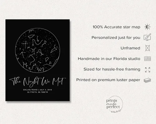 Vista 2 de Mapa de Estrellas Personalizado con Fechas y Lugar Específicos - Impresión de Mapa de Constelación Personalizado, Sin Marco - Arte de Pared